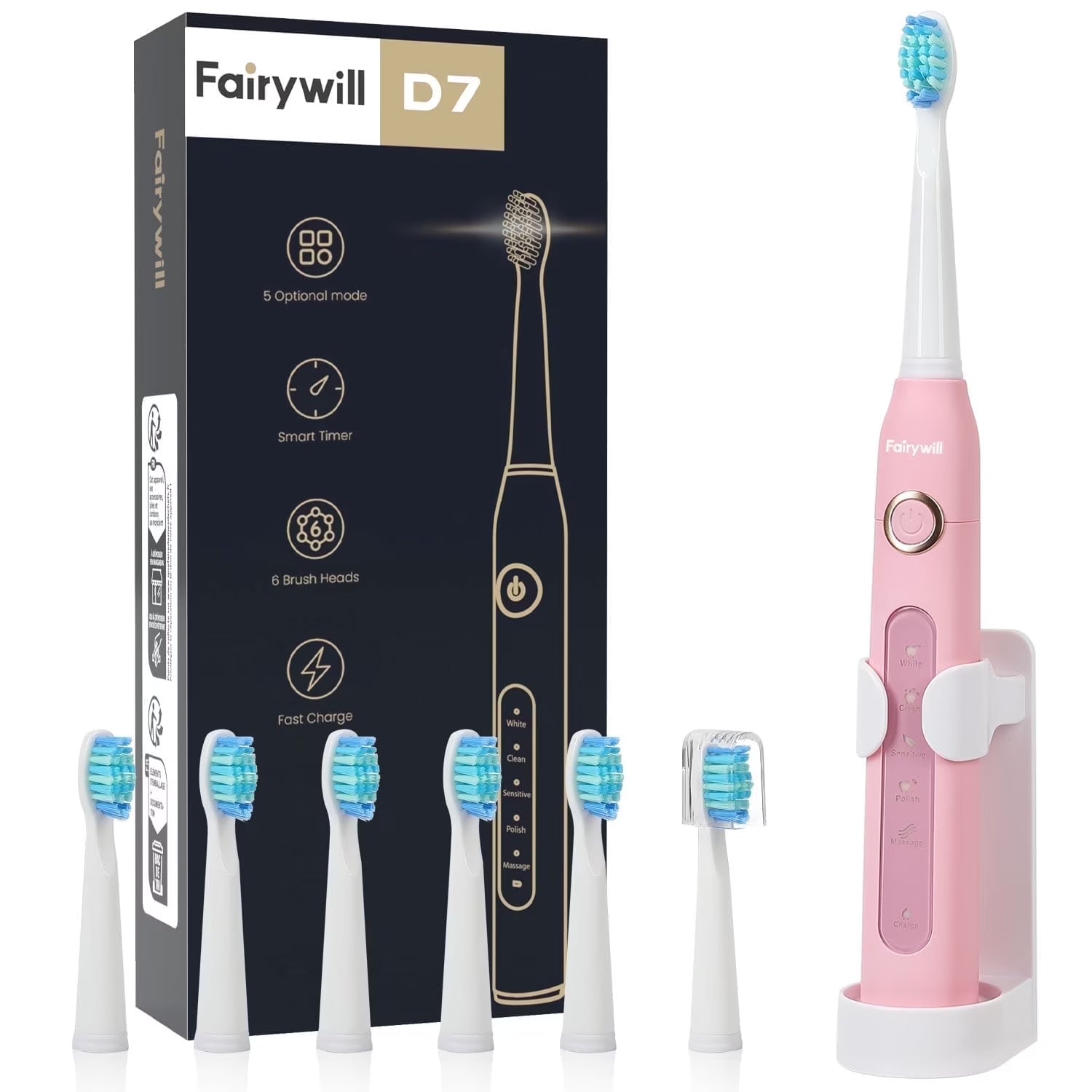 Sonic Electric Toothbrush,Power Toothbrushes with 6 Rechargeable Brush Heads,Ipx7 Waterproof 5Modes 30Days Battery Life Suitable for Short Business Trips,Pink