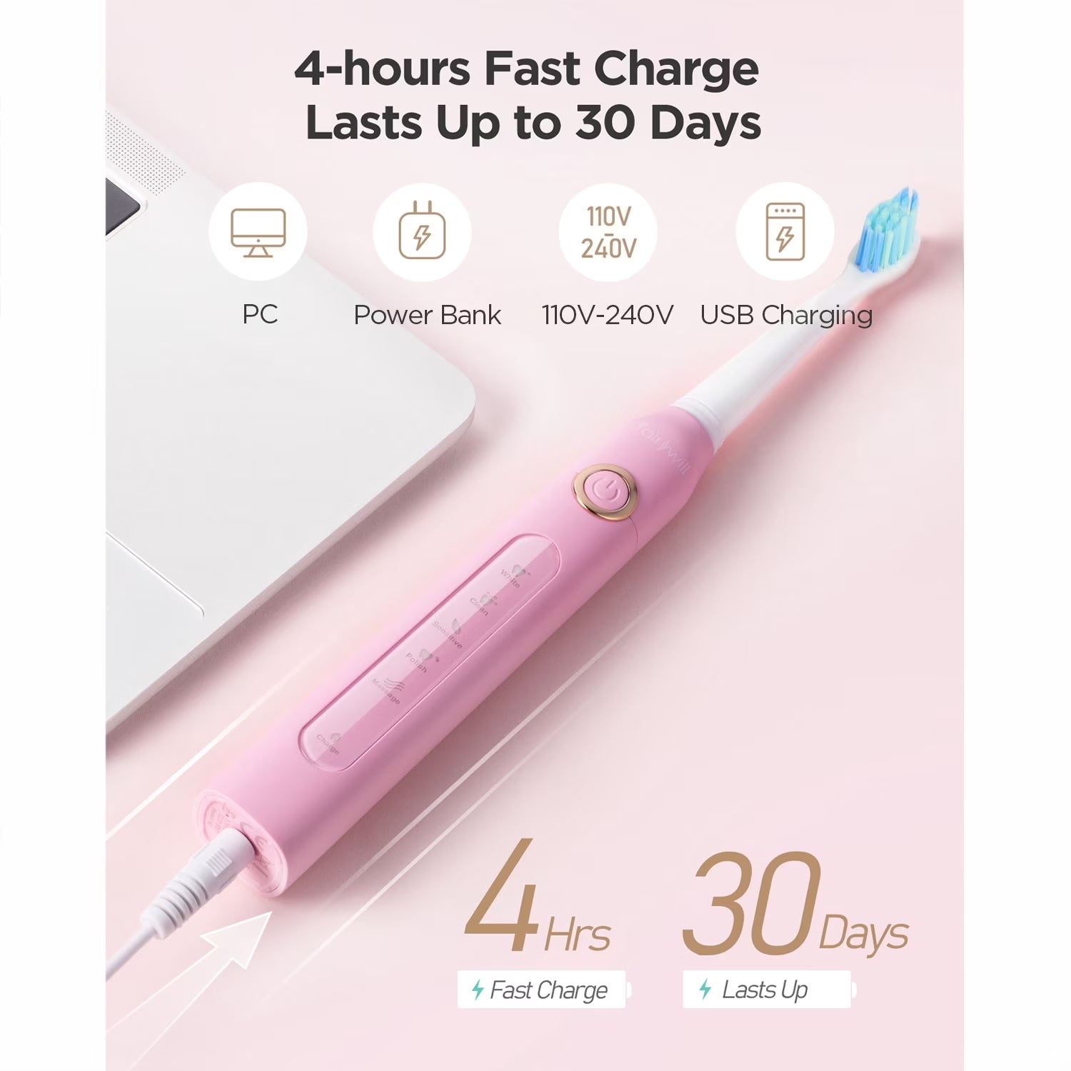 Sonic Electric Toothbrush,Power Toothbrushes with 6 Rechargeable Brush Heads,Ipx7 Waterproof 5Modes 30Days Battery Life Suitable for Short Business Trips,Pink