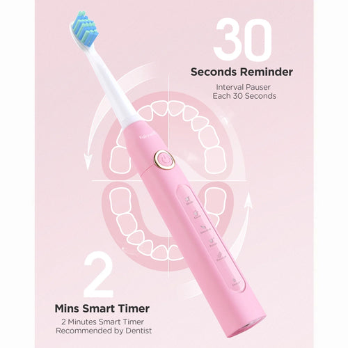 Sonic Electric Toothbrush,Power Toothbrushes with 6 Rechargeable Brush Heads,Ipx7 Waterproof 5Modes 30Days Battery Life Suitable for Short Business Trips,Pink